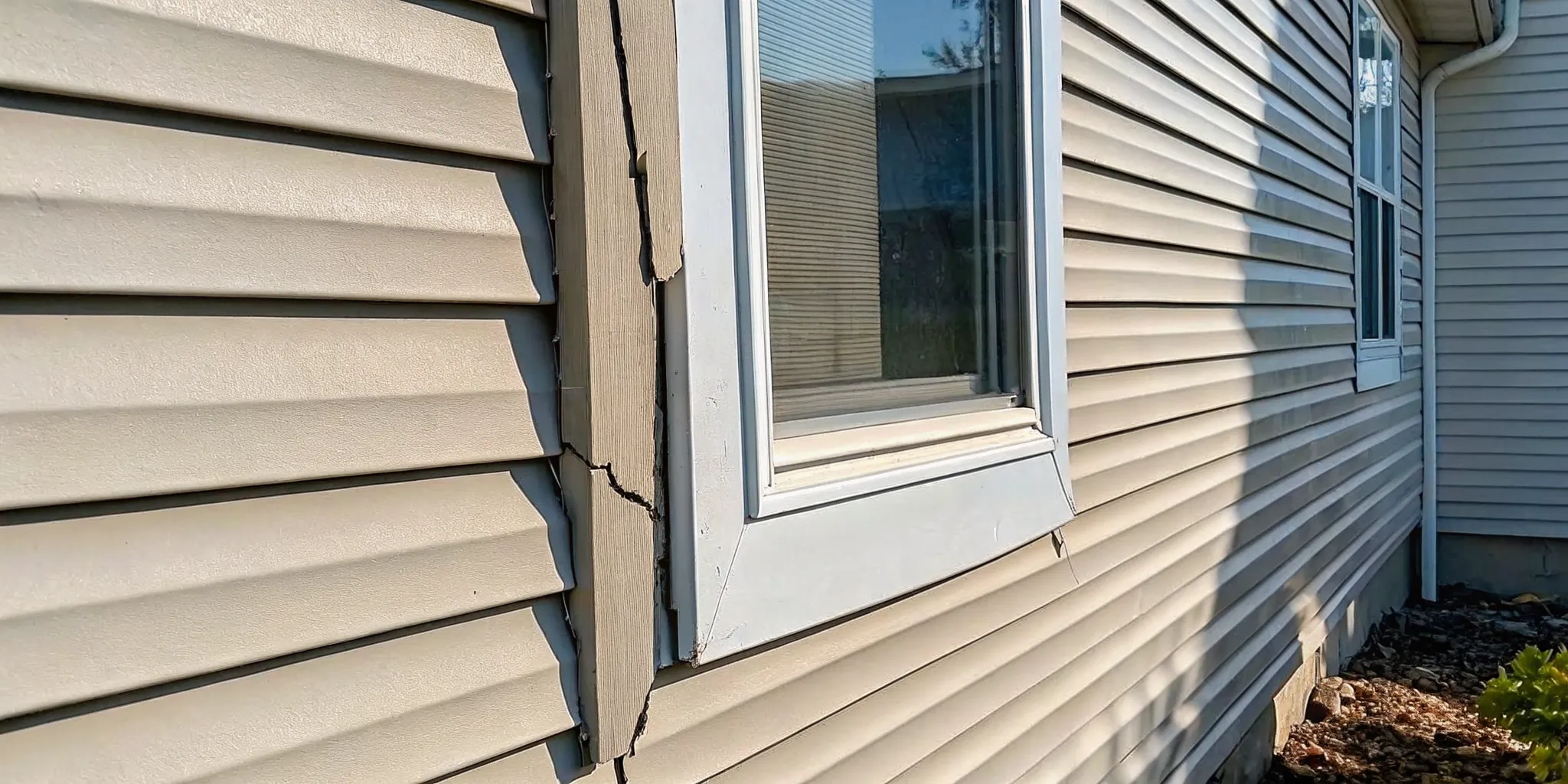 Cracked and warped vinyl siding panels showing storm damage on a Minnesota home
