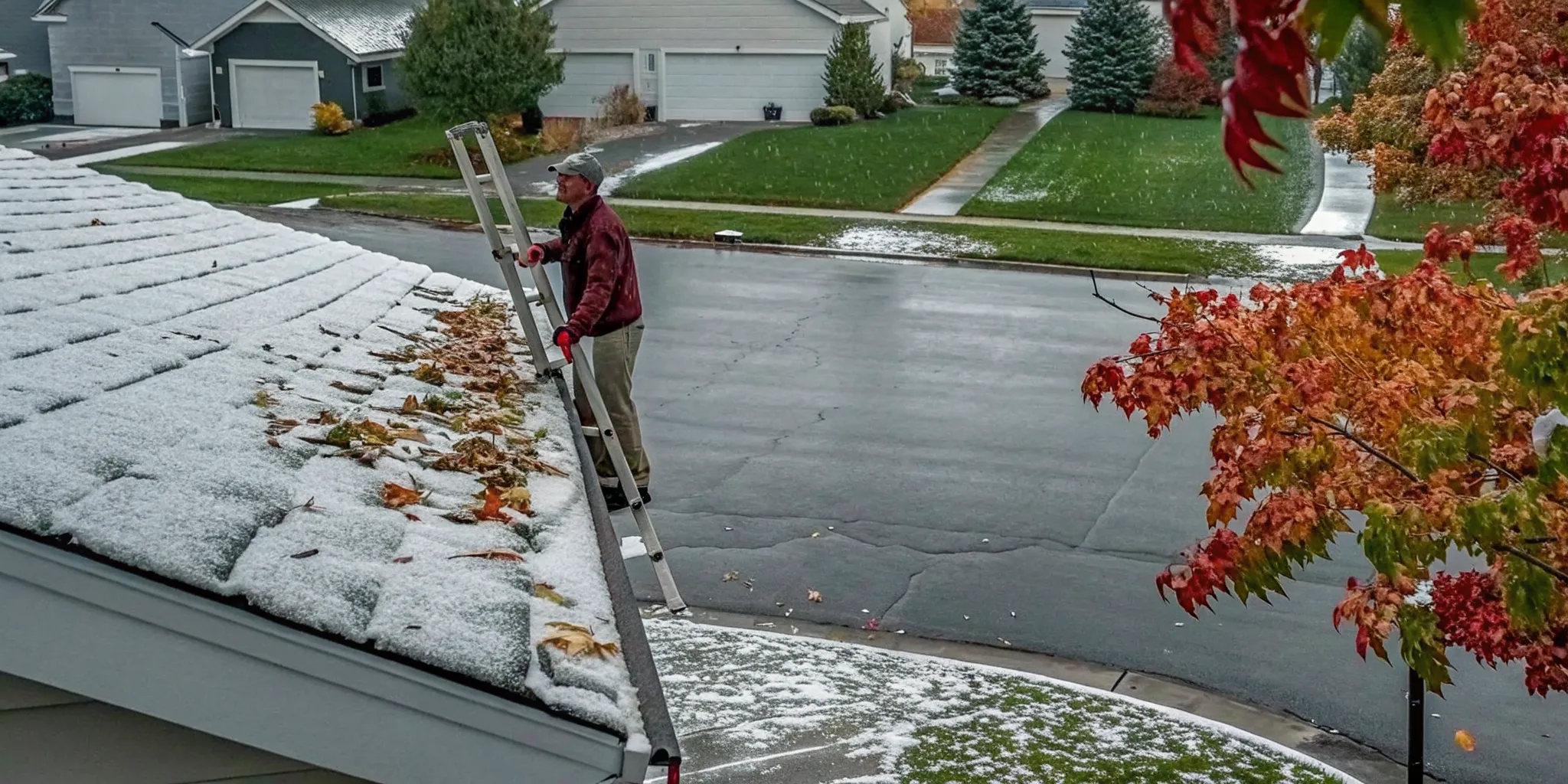 Maple leaves collecting in snow-dusted gutters on a Minnesota home in late autumn