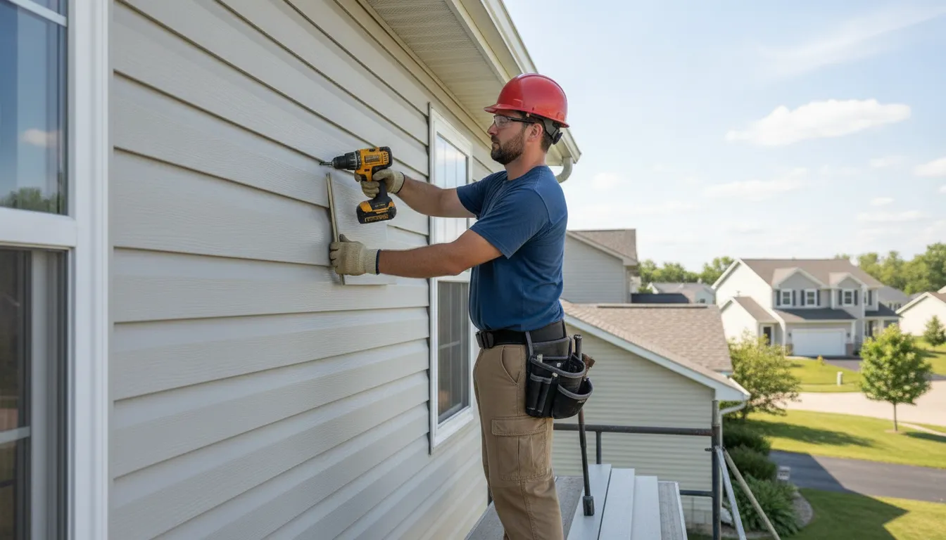 Contractor installing new fiber cement exterior siding panels on a Minnesota home