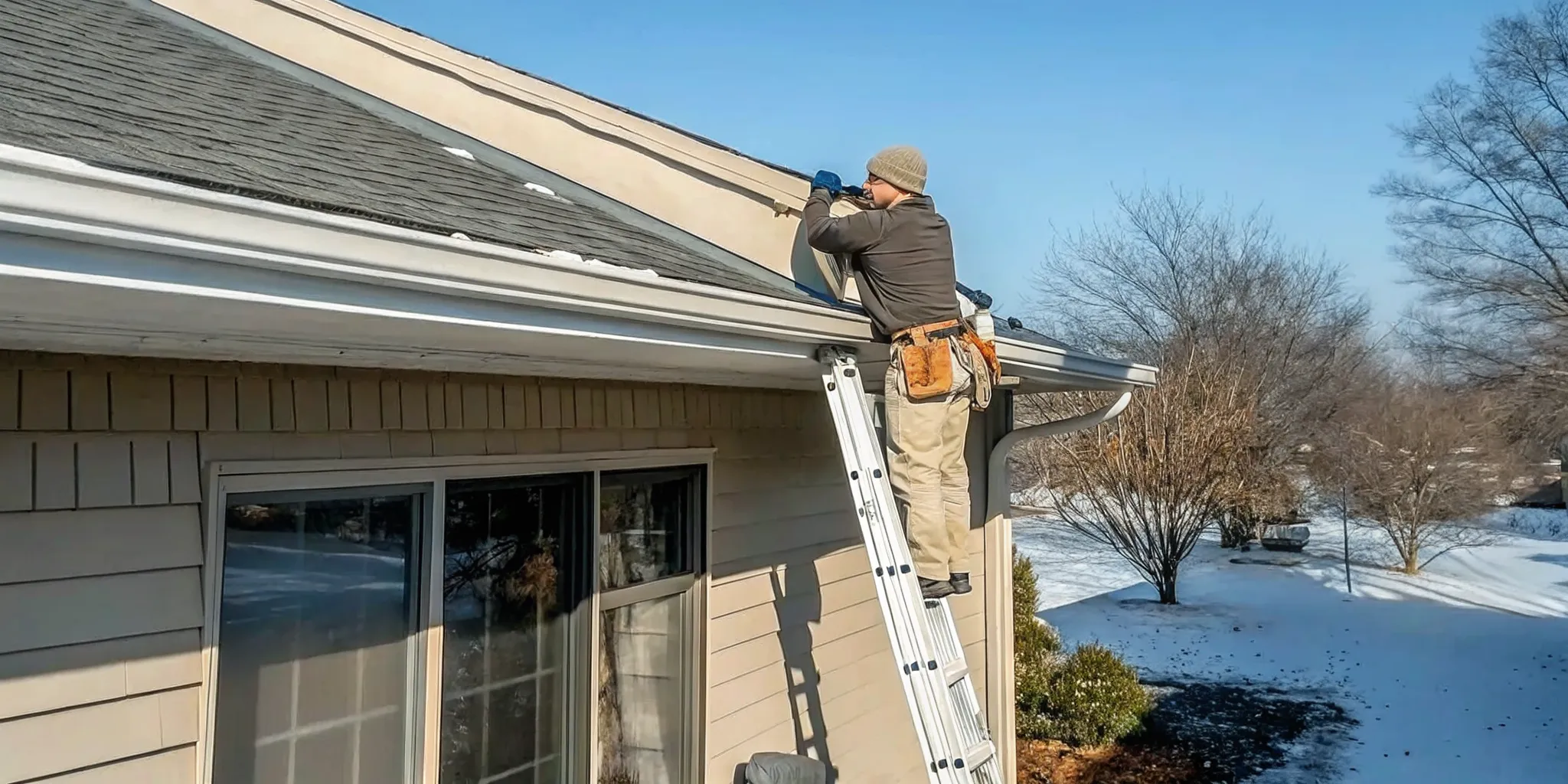 Gutter contractor inspecting a clean micro-mesh gutter guard system on a Minnesota roofline in winter