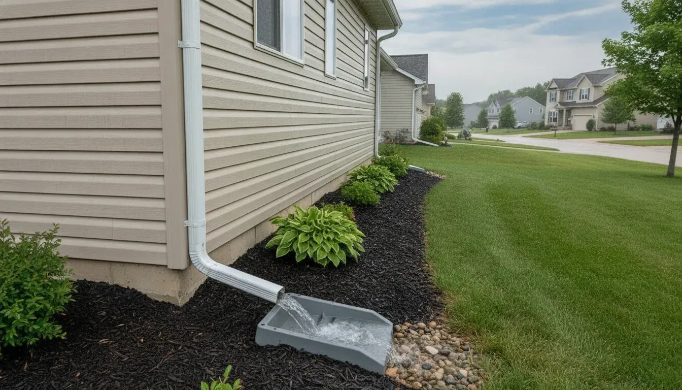 Rain gutter downspout directing water away from a Minnesota home's foundation
