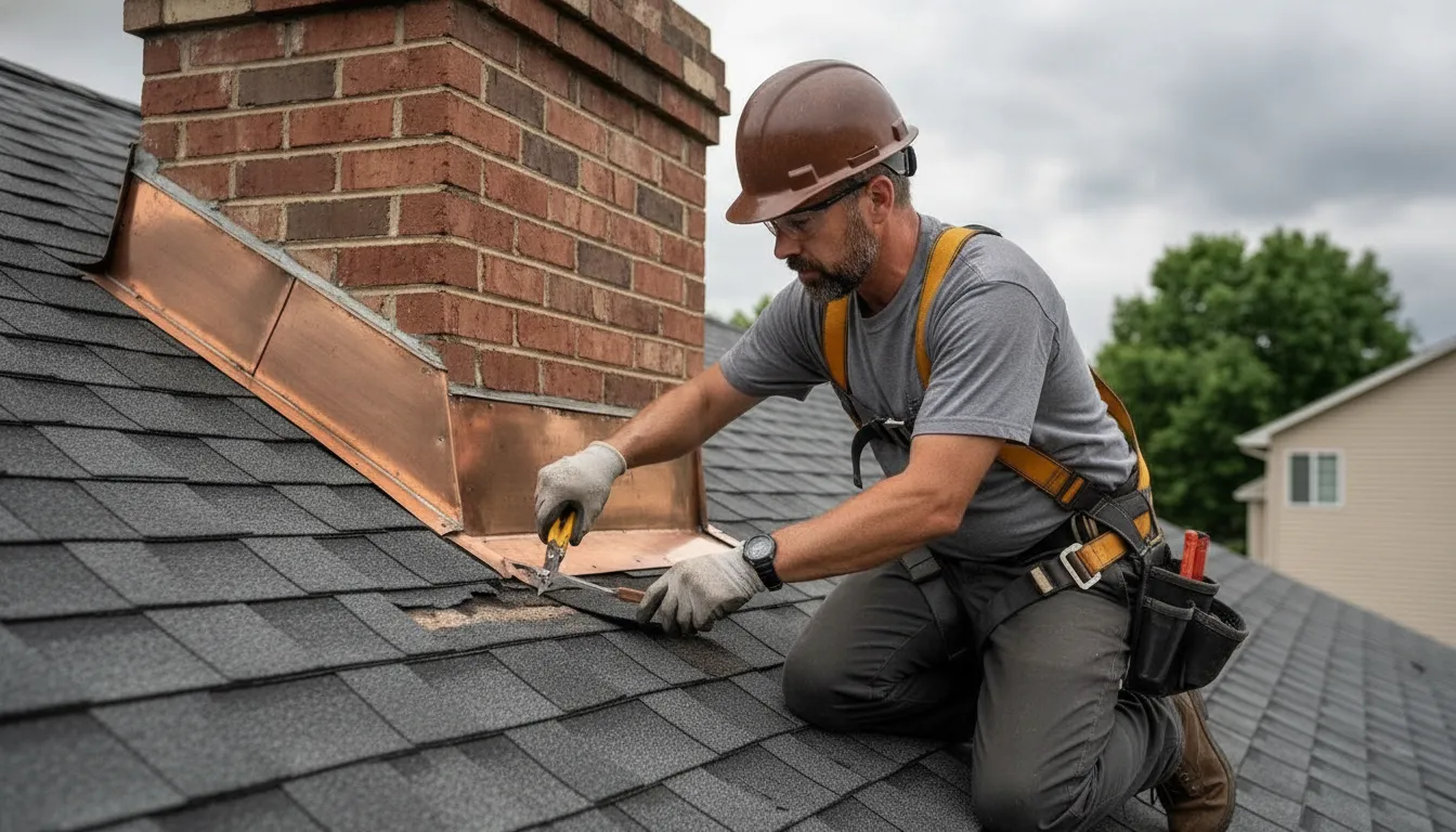Roofer repairing flashing around a Minnesota home chimney