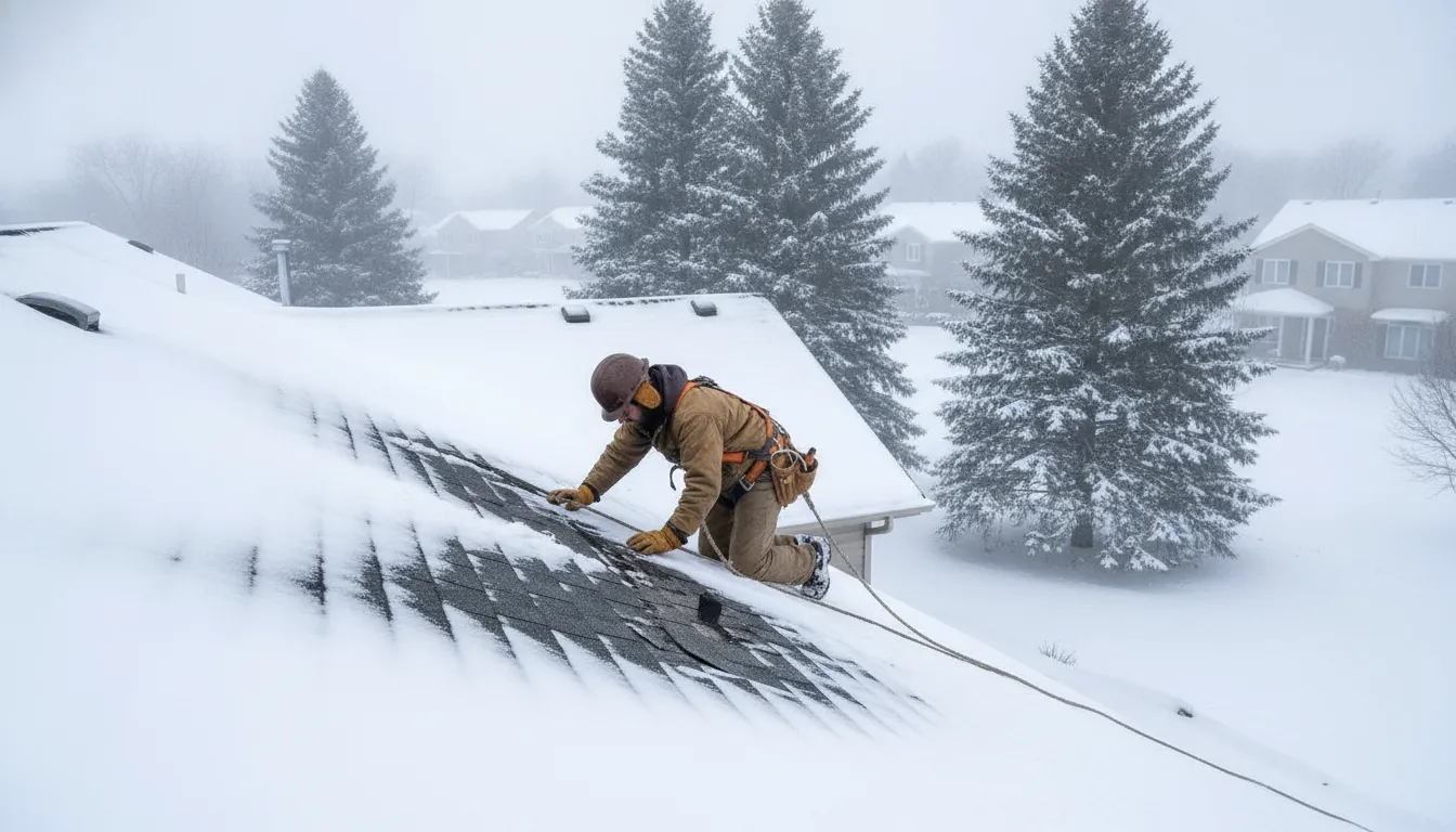 Roofer inspecting Minnesota roof shingles after a storm