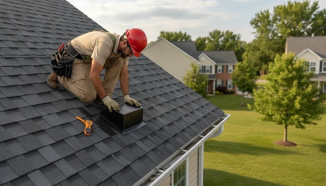 Roofing professional examining attic ventilation in a Minnesota home