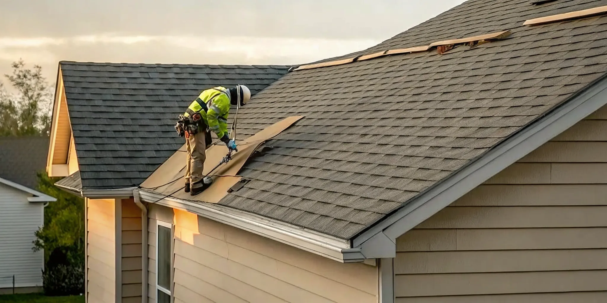 Roofing professional performing a roof repair inspection after Minnesota storm damage