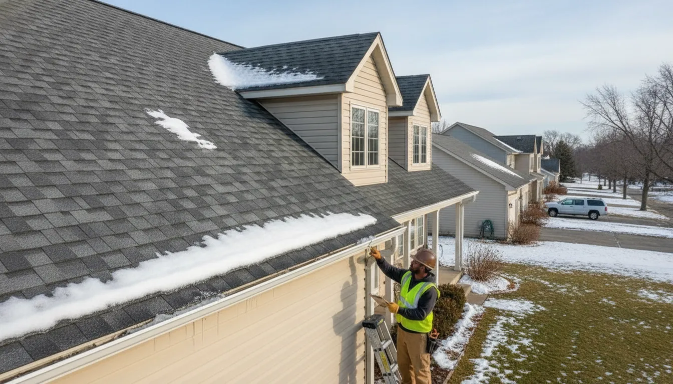 Roofer inspecting Minnesota roof damage after a winter storm