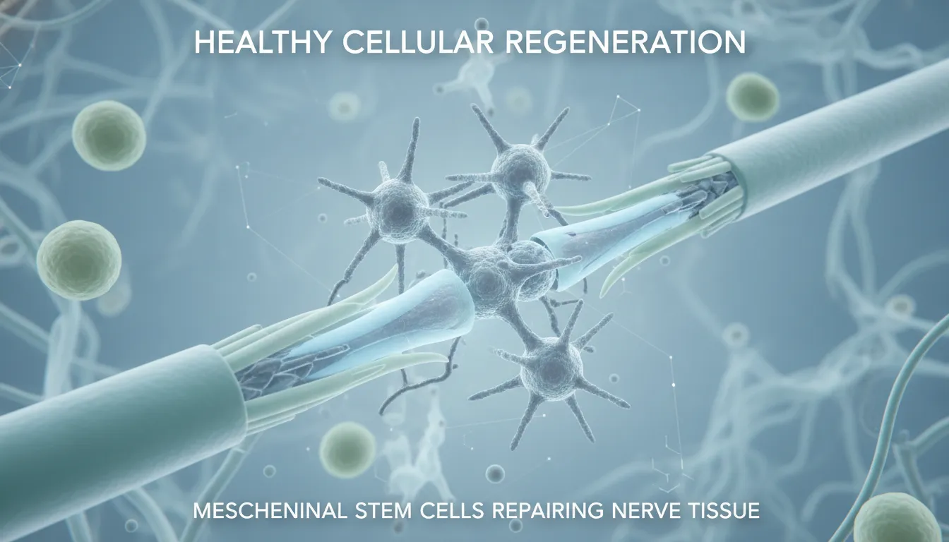 Scientific illustration of mesenchymal stem cells actively repairing damaged nerve tissue.