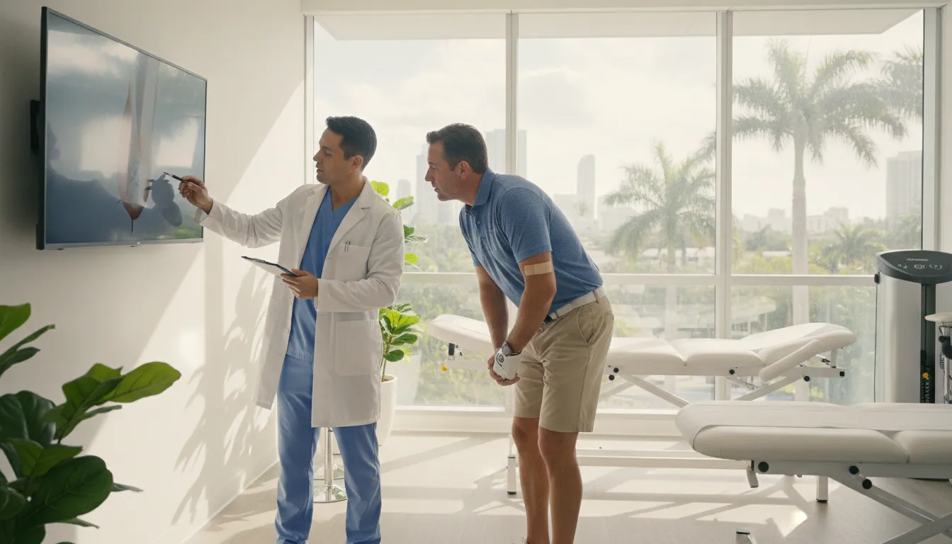 Physician evaluating a golfer's inner elbow for non-surgical treatment options