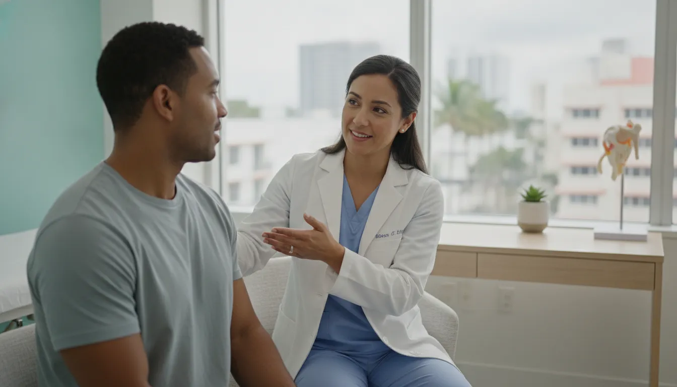 Clinician discussing frozen shoulder and shoulder mobility with an adult patient
