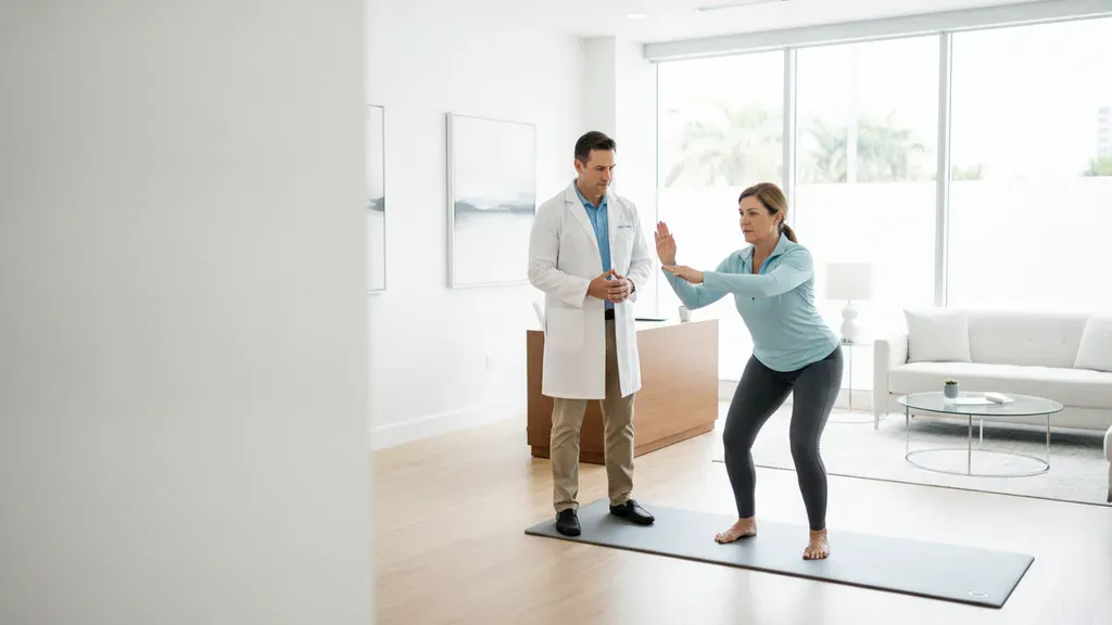 Clinician assessing an active patient during sports injury treatment planning