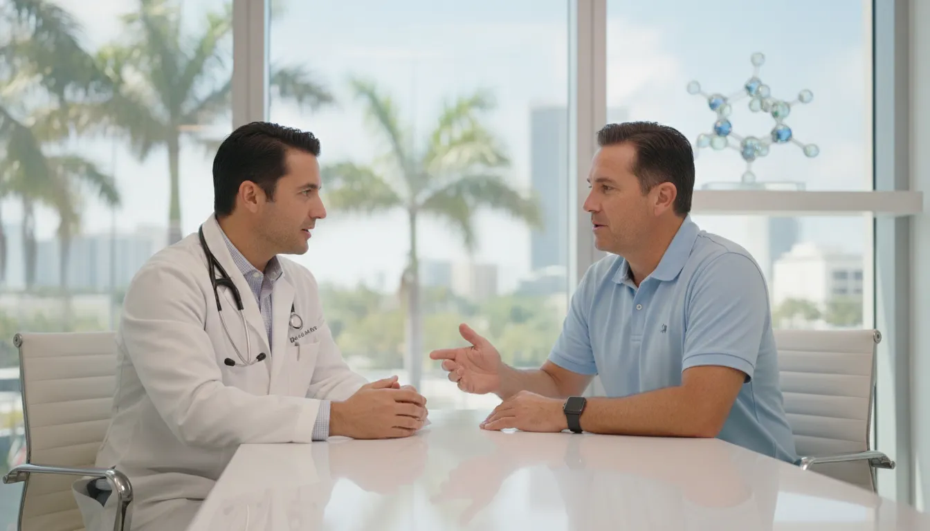 Clinician discussing BPC-157 peptide therapy risks and recovery options with a patient