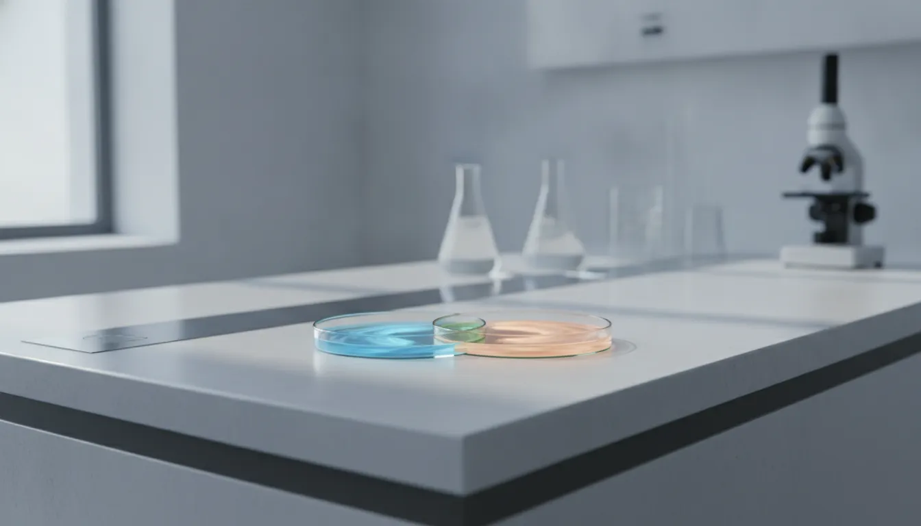 Two petri dishes on a modern laboratory bench representing a combined therapy