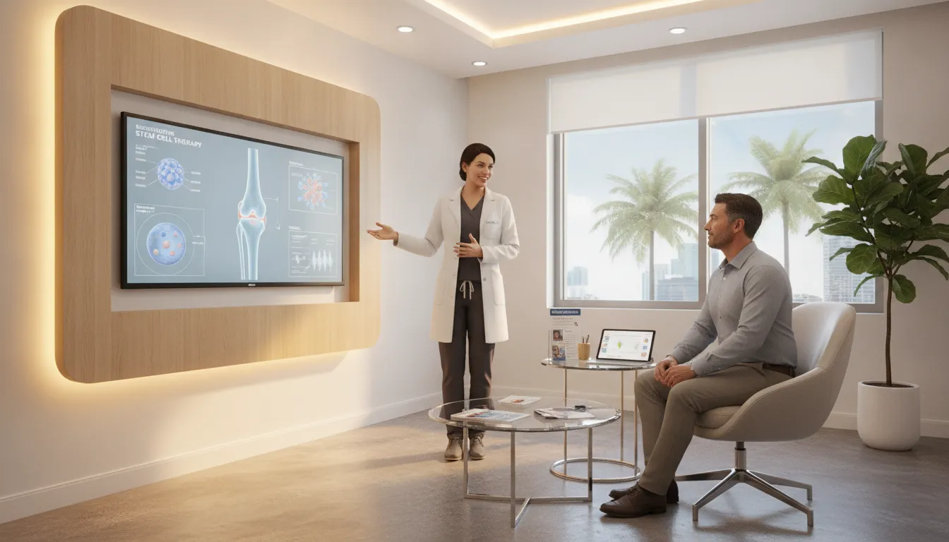 Medical consultation room at Miami Stem Cell where a physician discusses regenerative therapy options with a patient
