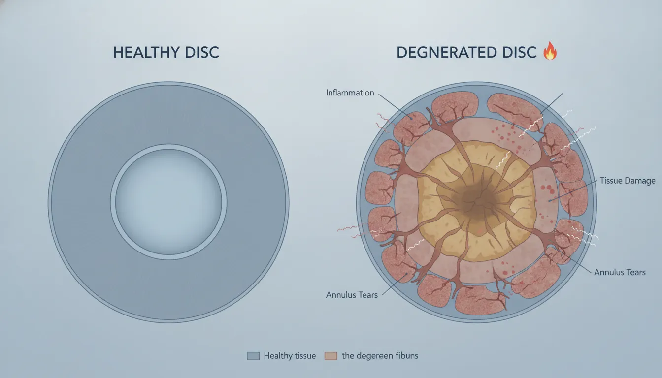 Cross-section medical illustration comparing a healthy spinal disc with a degenerated disc showing inflammation and tissue breakdown