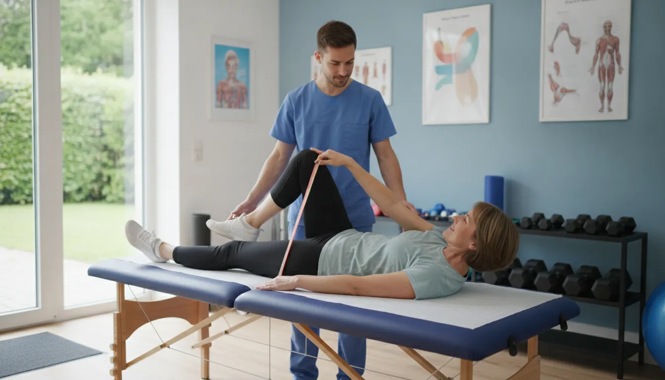 Patient doing gentle rehabilitation stretches for joint recovery after stem cell therapy in a medical clinic
