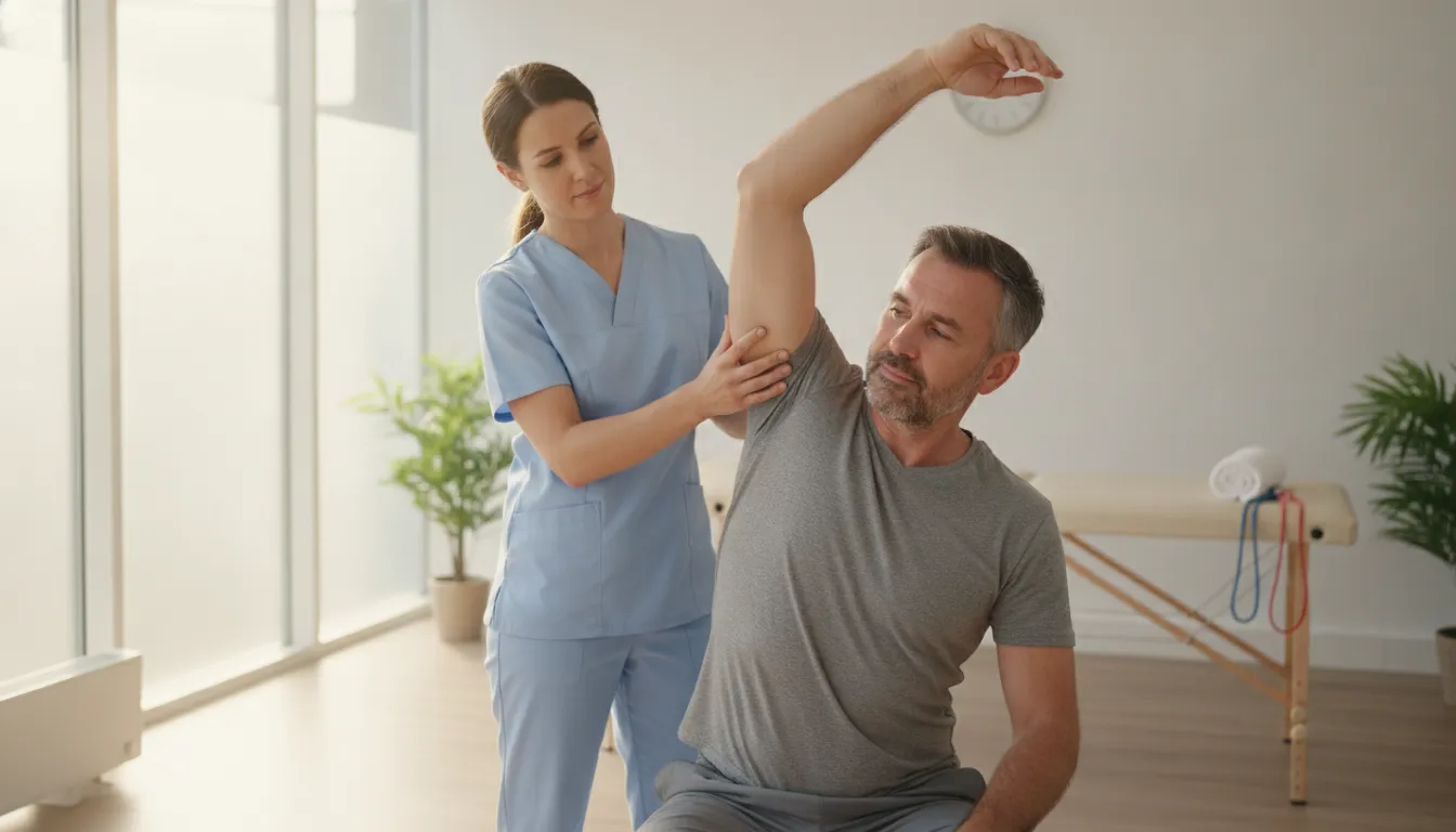 Physical therapist guiding a patient through a gentle shoulder mobility assessment in a modern Miami clinic
