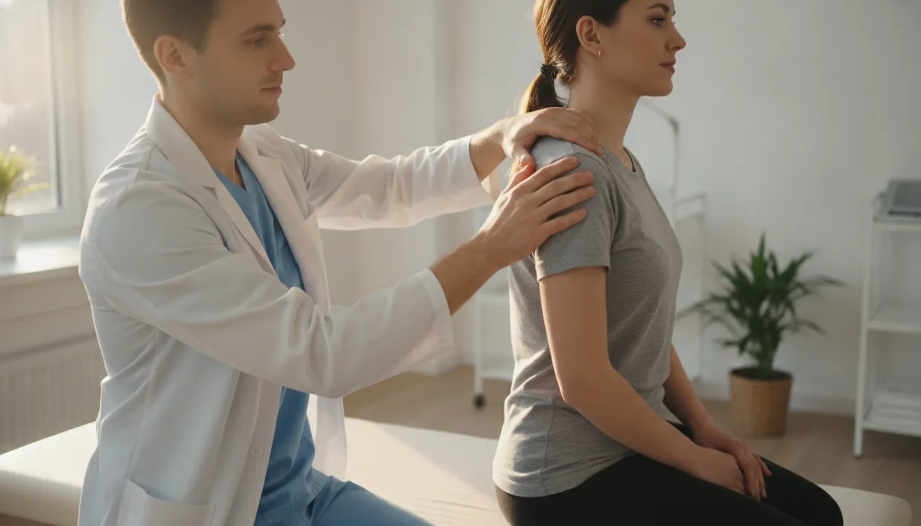 Doctor examining a patient's shoulder range of motion in a Miami stem cell clinic