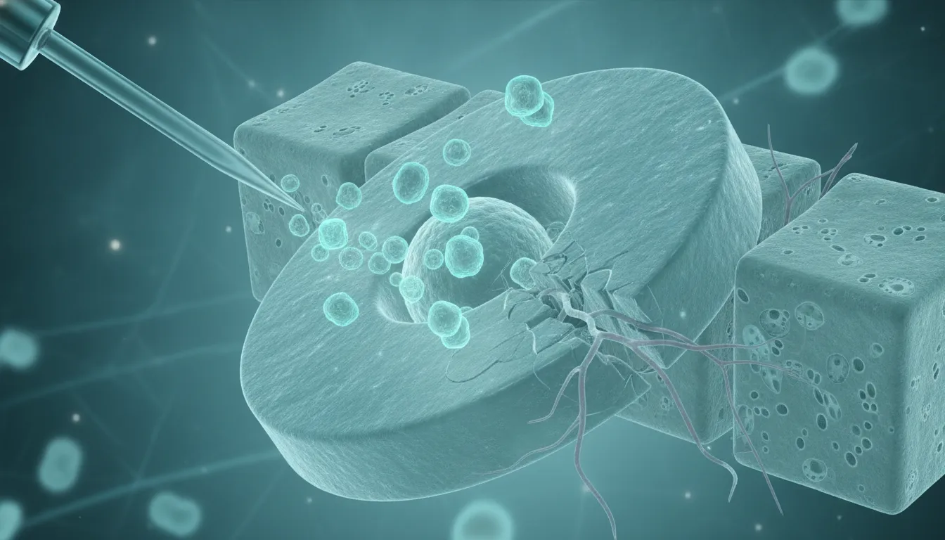 Microscopic 3D visualization of mesenchymal stem cells being injected into a lumbar spine disc for regenerative therapy