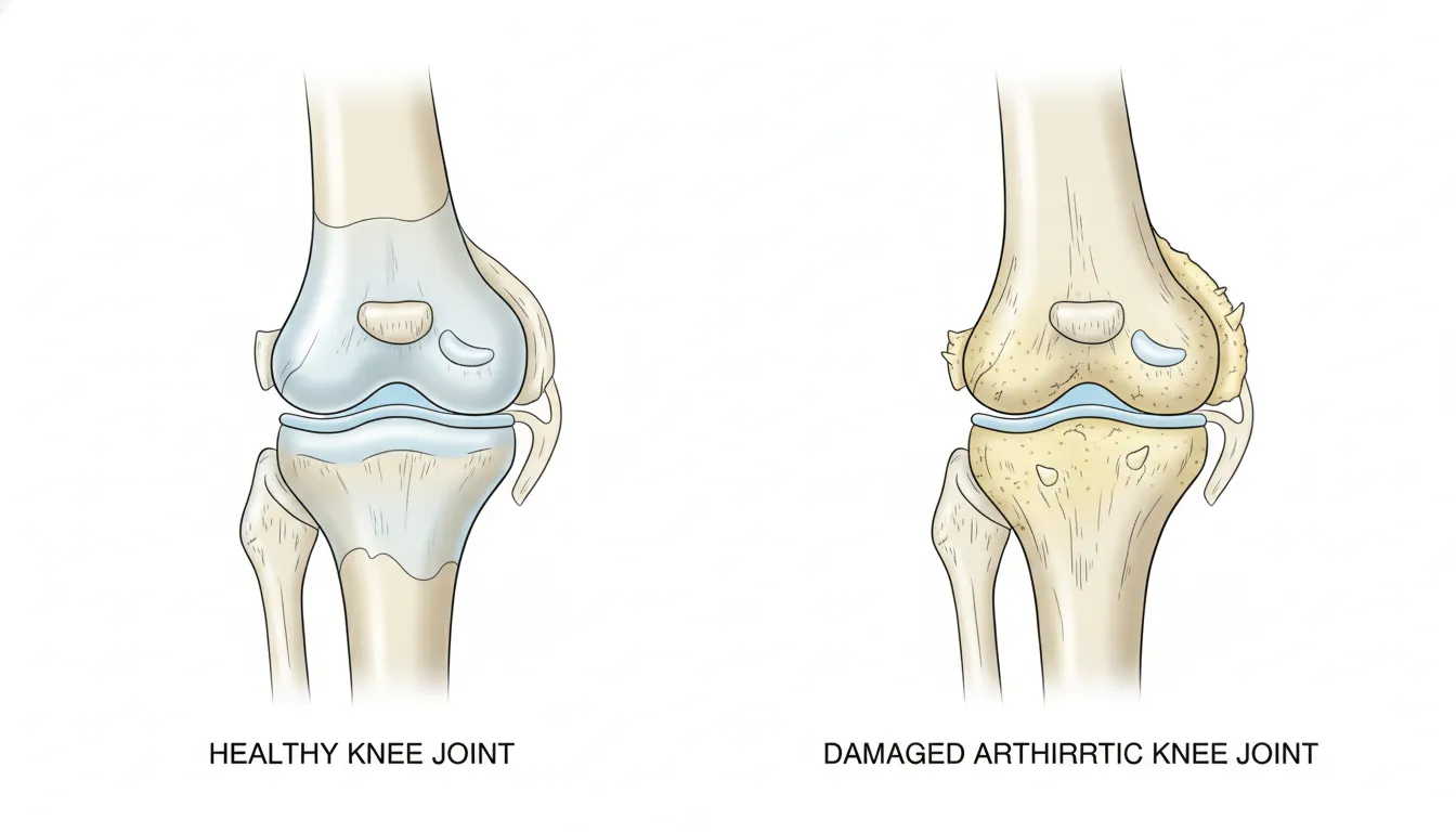 Comparison of a healthy knee joint and a knee joint with arthritis showing cartilage deterioration