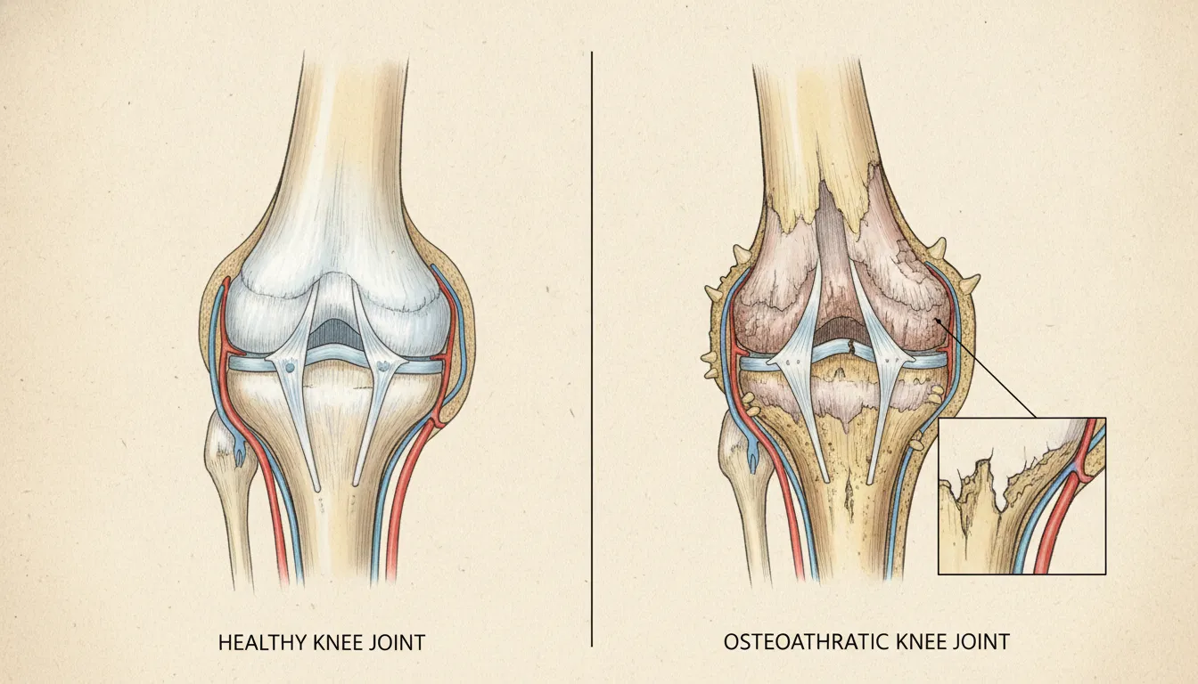 Comparison of a healthy knee joint with intact cartilage and a knee affected by osteoarthritis with worn cartilage