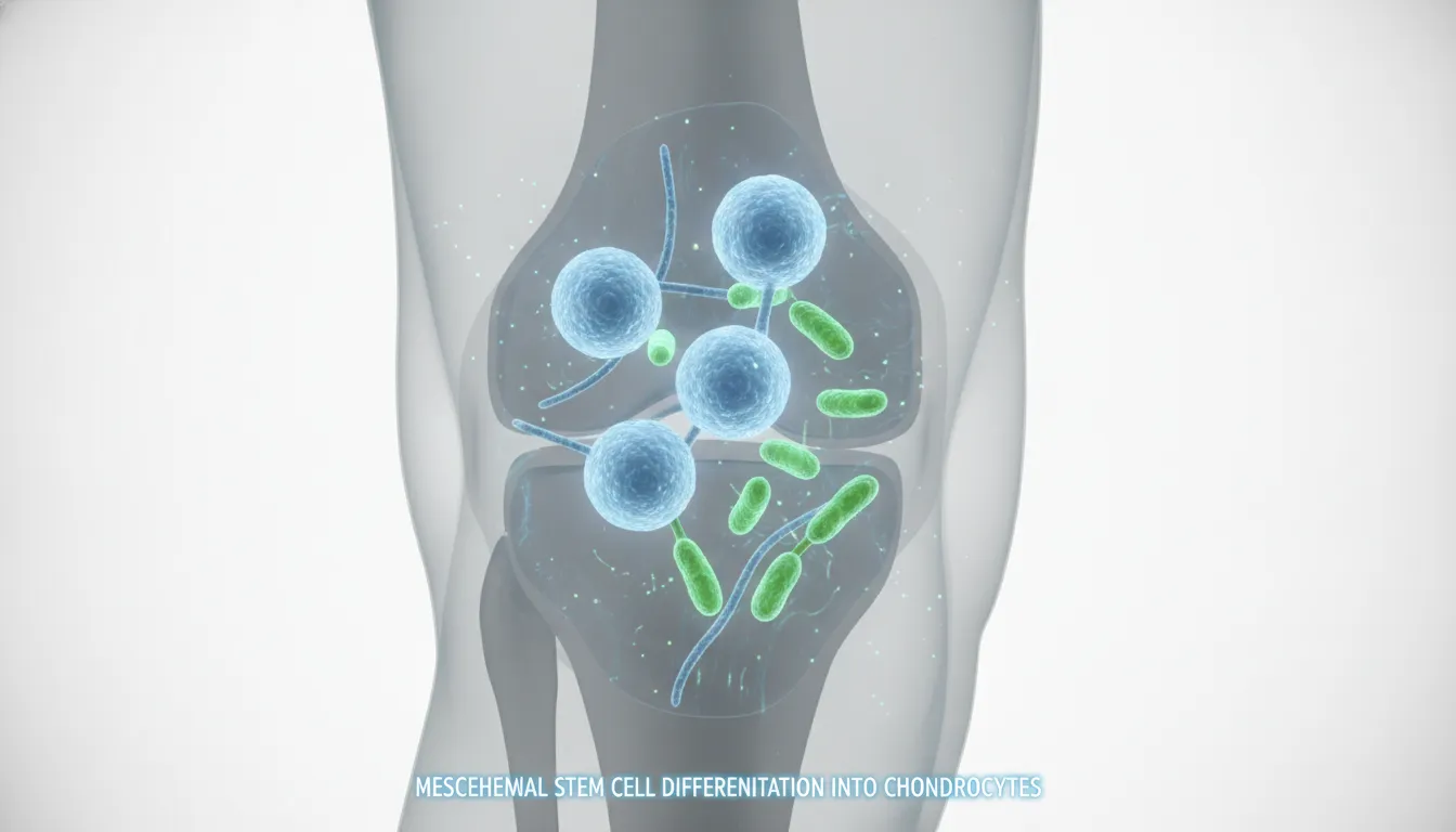 3D medical illustration of mesenchymal stem cells developing into cartilage cells in a human knee joint