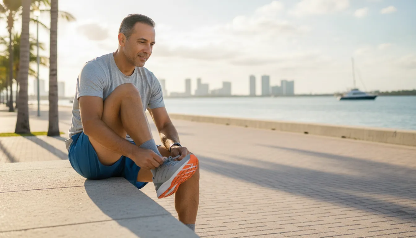 Active runner lacing a shoe by the waterfront in Miami during recovery planning