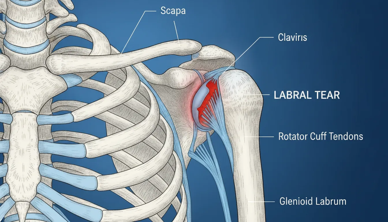 Medical cross-section illustration of a shoulder joint highlighting a labral tear