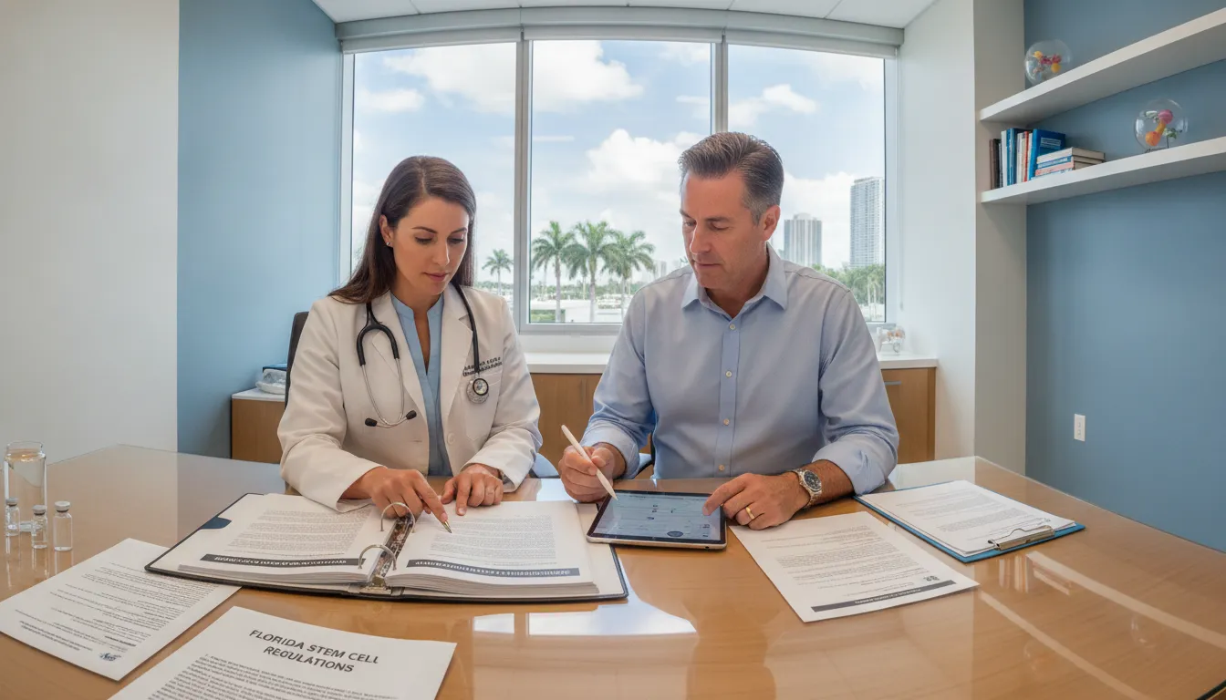 Doctor explaining Florida stem cell therapy law and informed consent to a patient