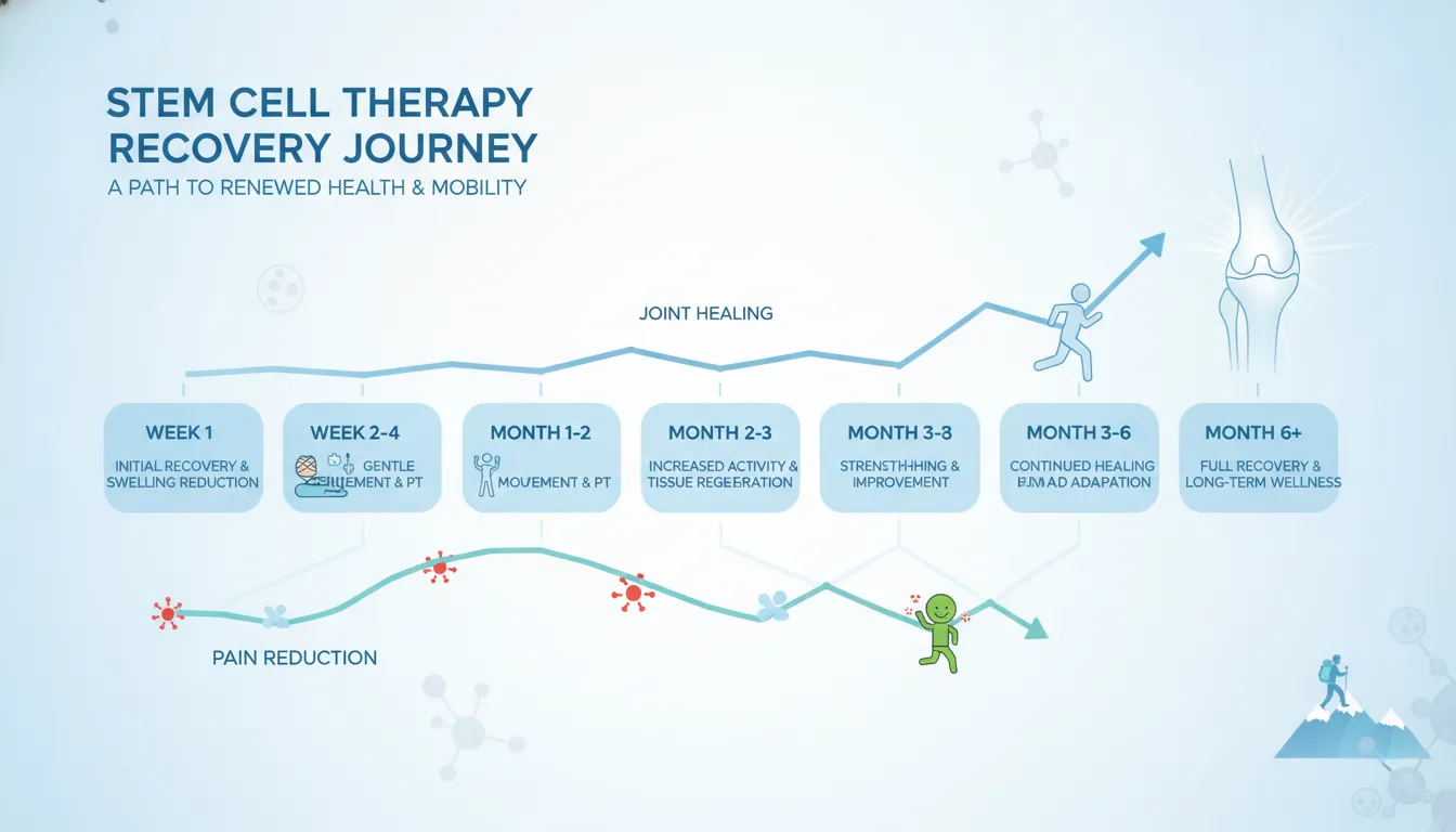 Infographic of stem cell therapy recovery timeline showing healing phases from week 1 to month 6 with pain reduction percentages