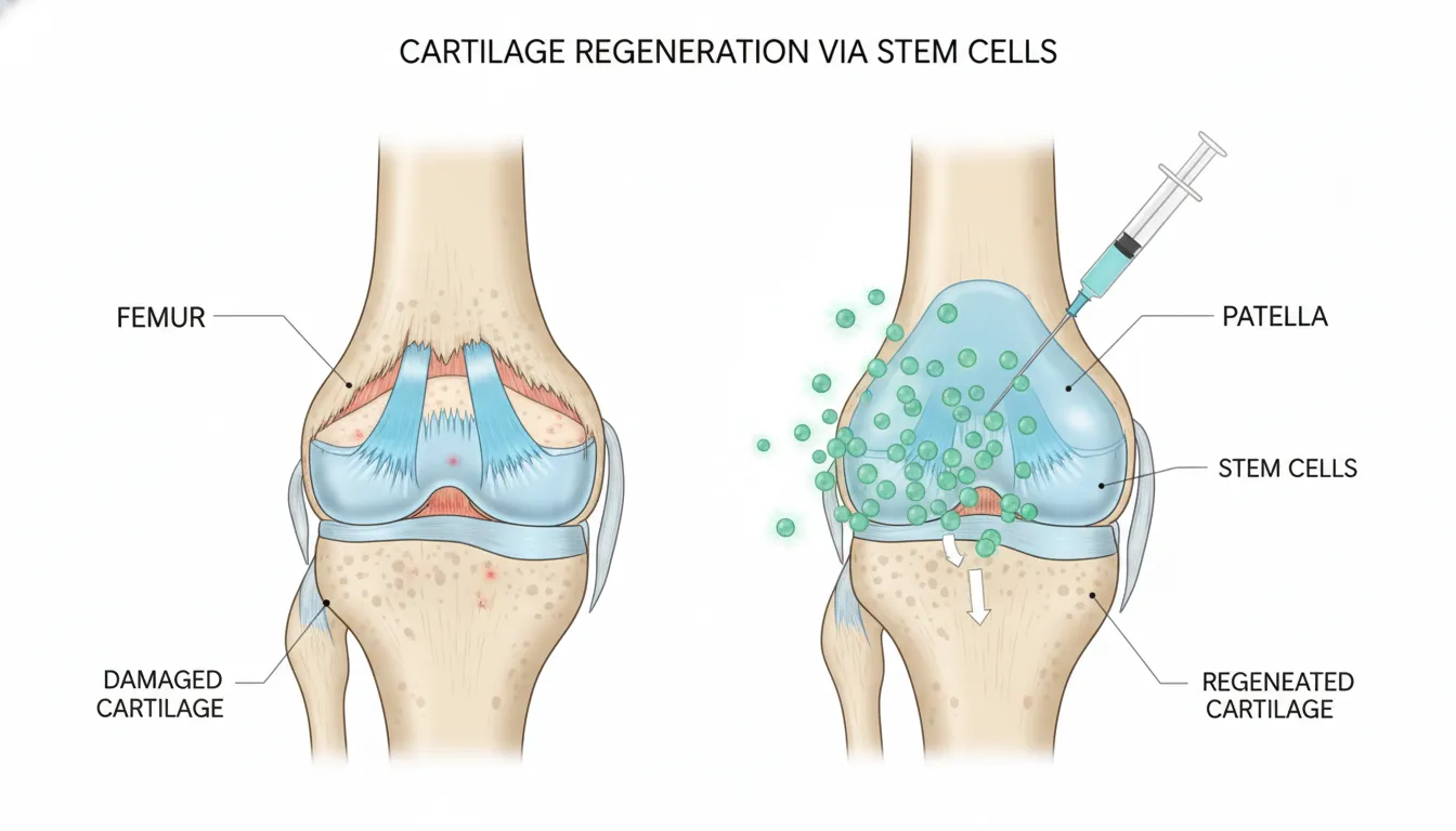 Medical illustration of a knee joint showing cartilage regeneration supported by stem cells