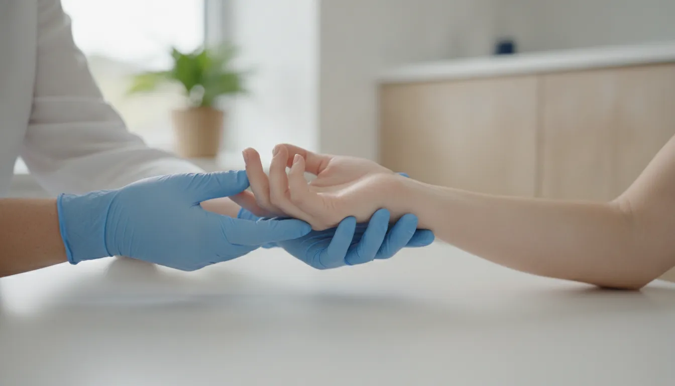 Physical therapist guiding a patient's hand and wrist during stem cell therapy for carpal tunnel syndrome research