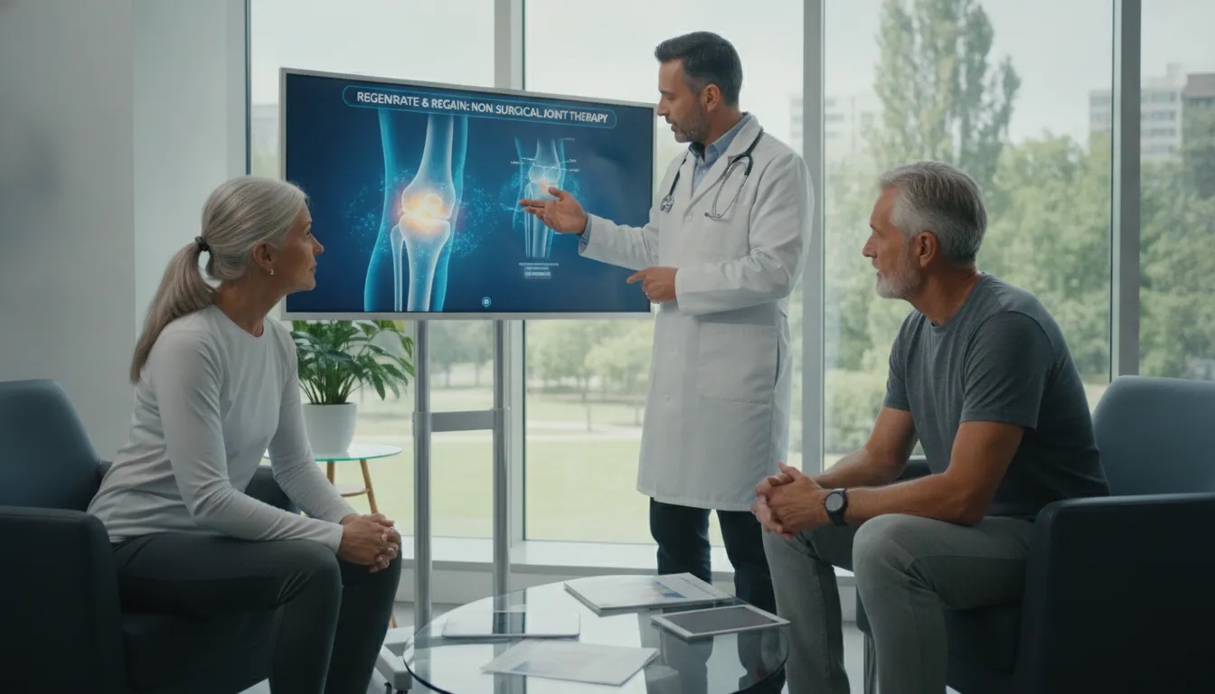 A doctor explaining non-surgical regenerative joint therapy options to an active mature couple in a modern medical office