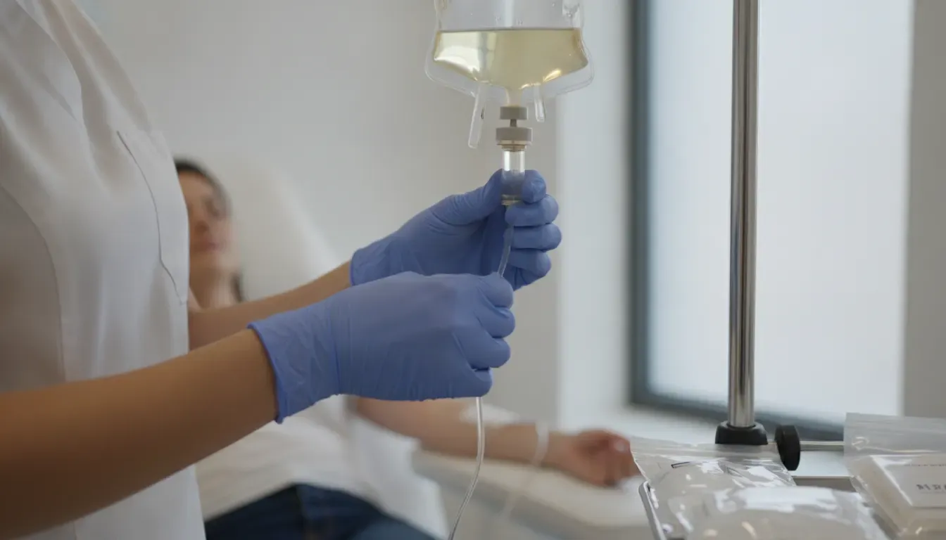 Licensed clinician preparing an intravenous vitamin infusion in a clean treatment room
