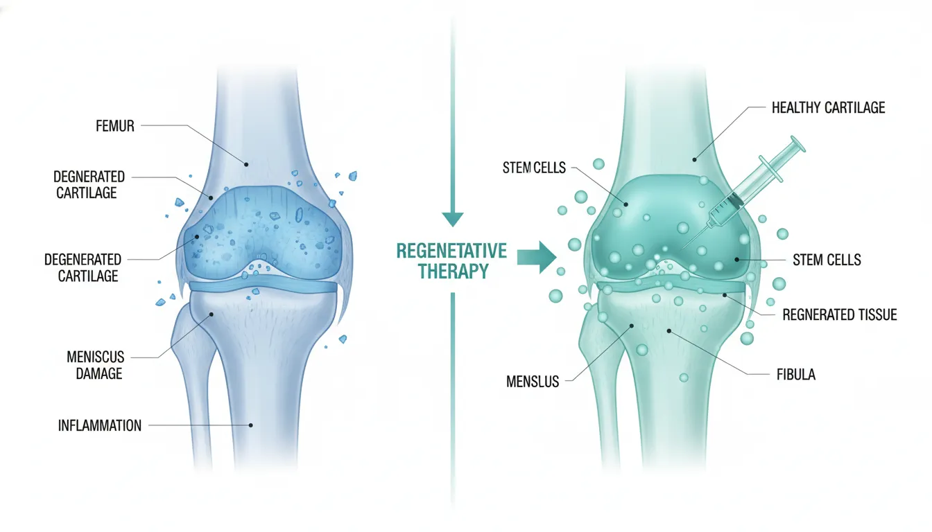 Medical diagram comparing a healthy knee joint with a knee affected by osteoarthritis, showing cartilage wear and stem cell treatment