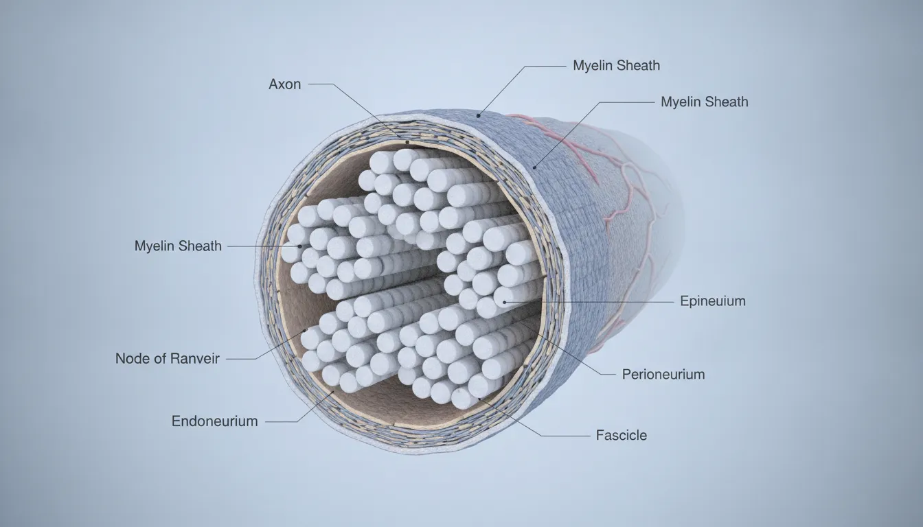 Medical diagram showing the anatomy of human peripheral nerves with protective myelin sheaths.