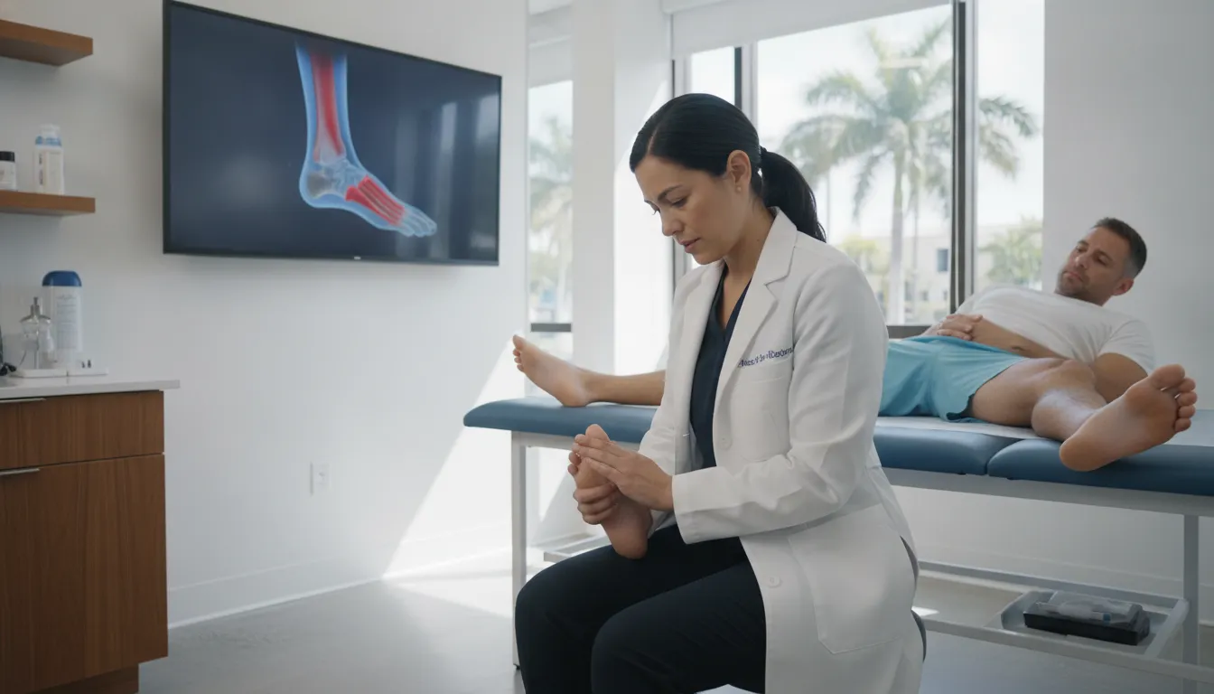 Physician evaluating a patient before regenerative treatment for plantar fasciitis