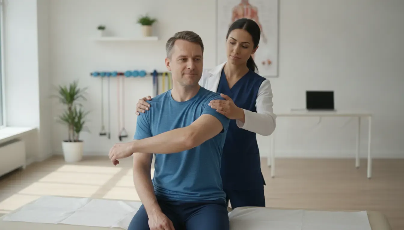 Patient completing a guided shoulder mobility exercise during non-surgical treatment