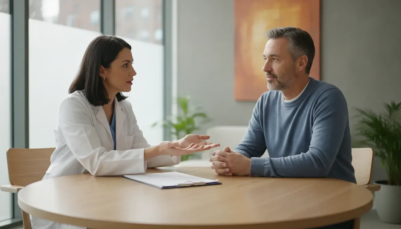Clinician and patient discussing tesamorelin peptide safety monitoring