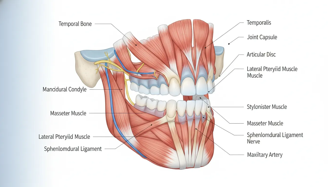 Clinical diagram showing the temporomandibular joint, surrounding jaw muscles, and bite structure.