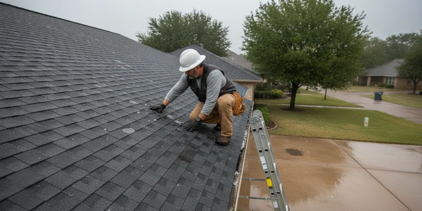 A roofing professional examining hail impacts on a residential roof in Texas