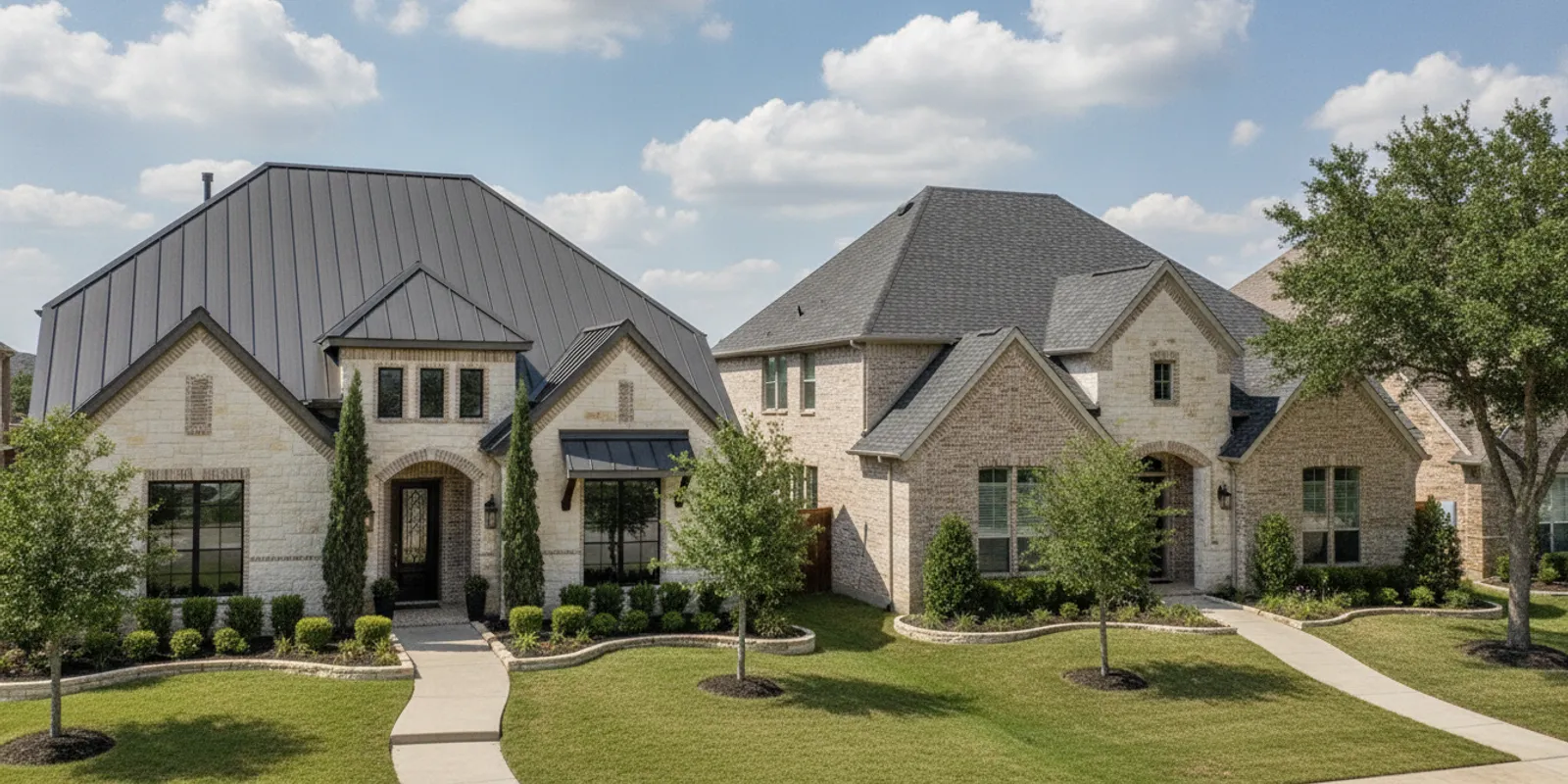 Texas home with a standing seam metal roof beside a home with asphalt shingles