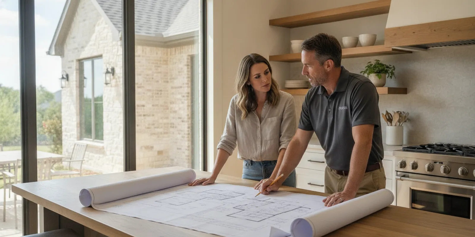 Homeowner reviewing a residential remodeling plan with a contractor at a Texas home