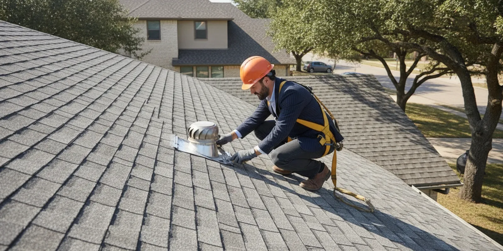 A roofing professional inspecting shingles and roof details on a Texas home