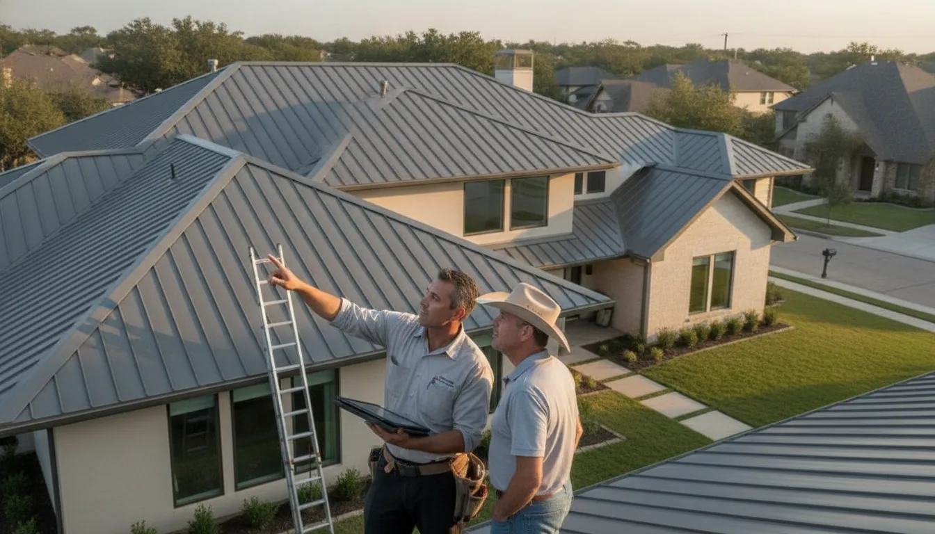Roofing professional reviewing a roof project with a Texas homeowner