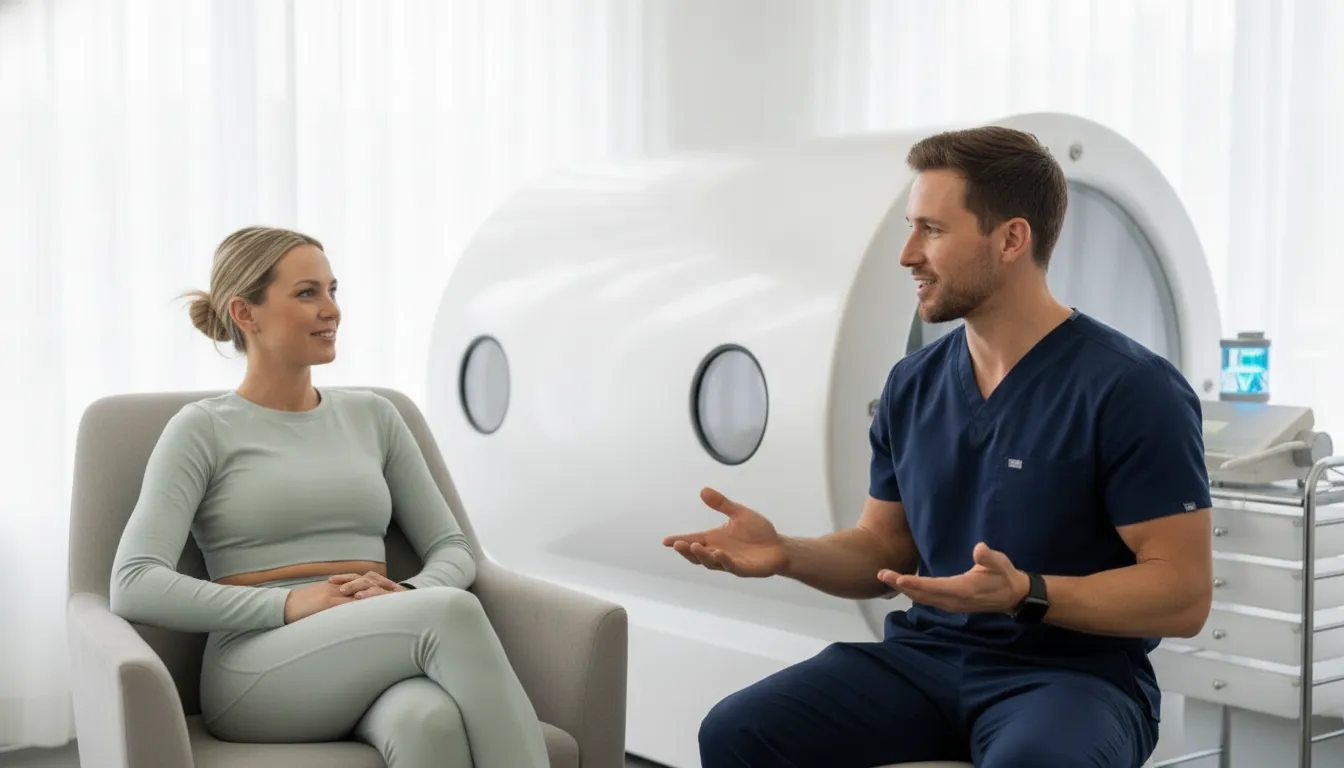 Provider discussing an HBOT follow-up plan beside a hard-sided chamber at ETHR LAB