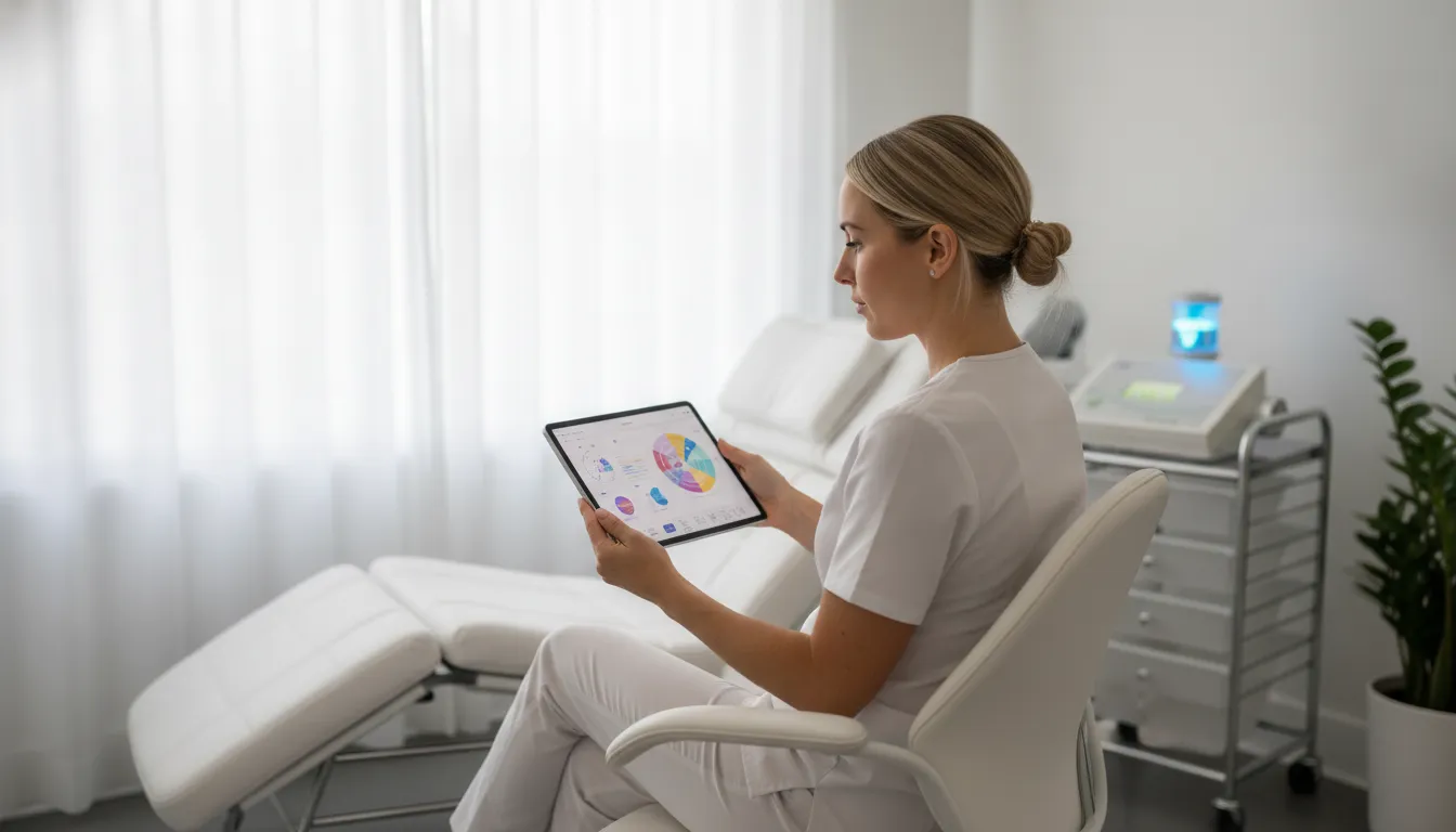 Wellness specialist reviewing optimization data in a modern biohacking studio