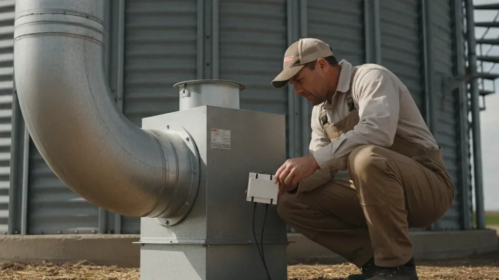 Farmer inspecting a grain bin fan control and sensor assembly
