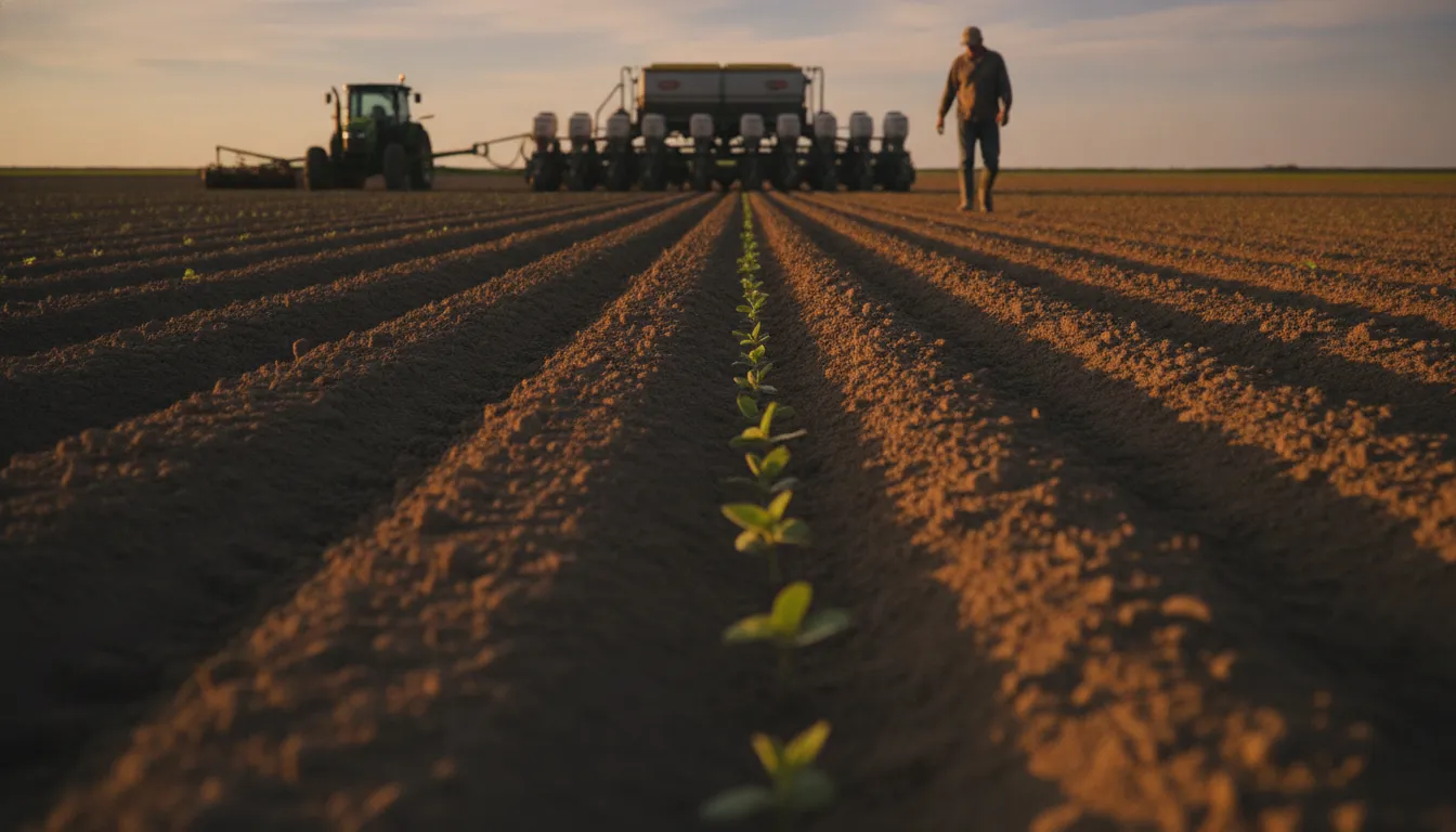 Close view of a planter closing-wheel assembly working the seed trench in soybean stubble