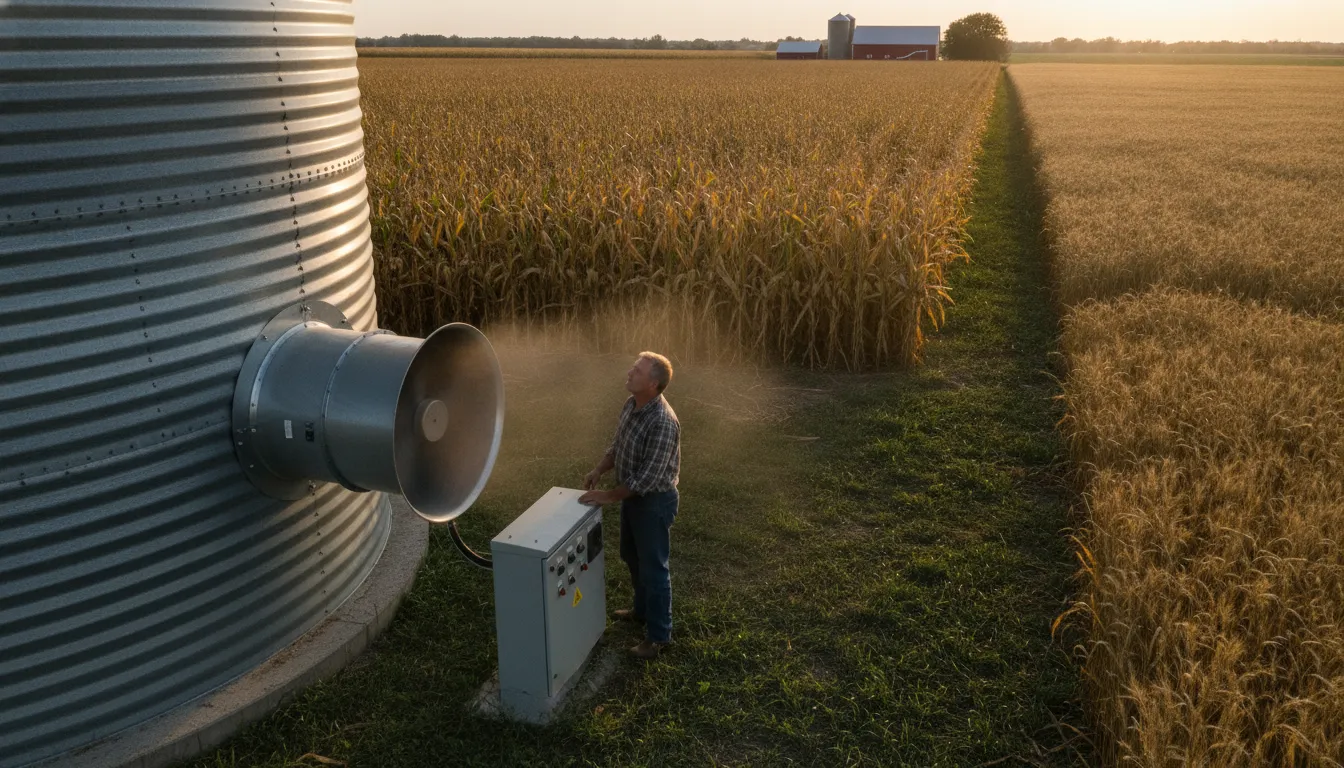 Farmer checking a grain bin fan control panel from ground level