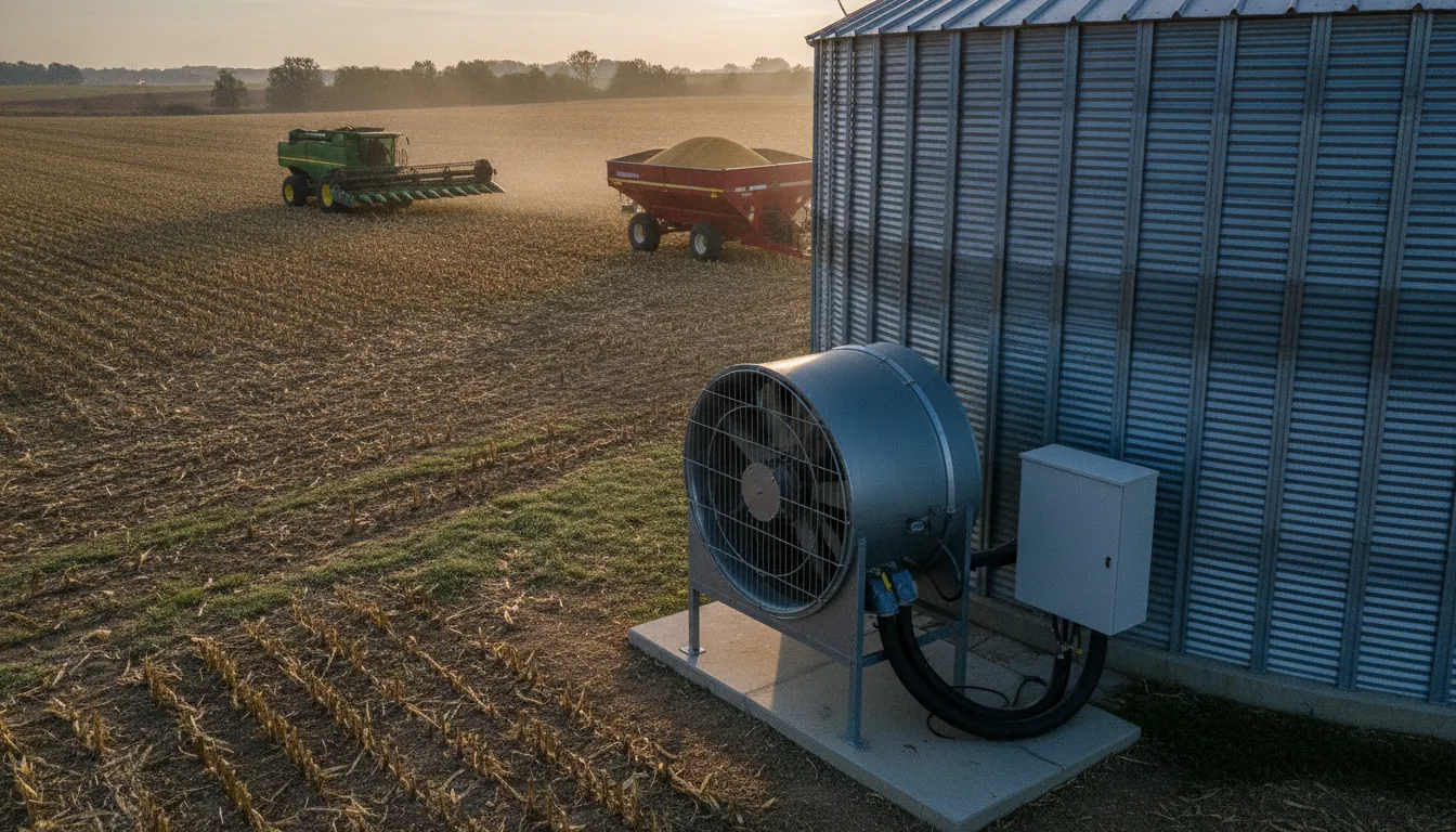 Grain bin with an automated fan controller on a working farm